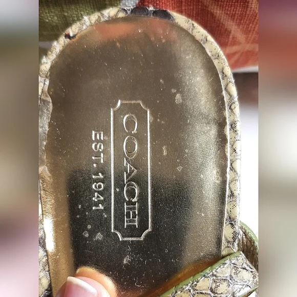 COACH | Green-ish Snake Skin Gold Ankle Strap Heels - Picture 15 of 16